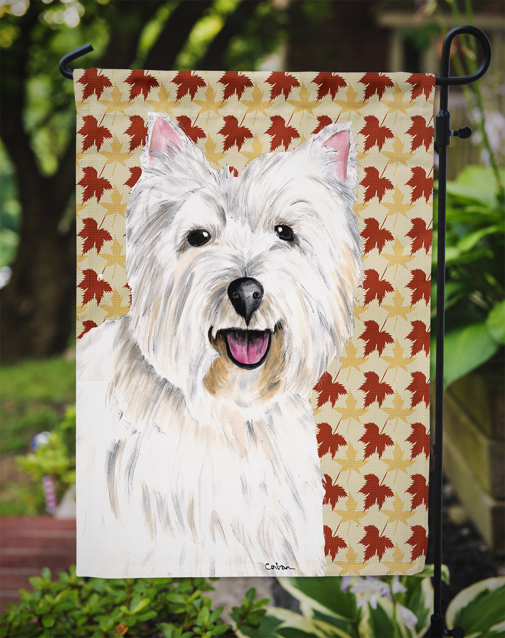 Westie Fall Leaves Portrait Flag Garden Size.