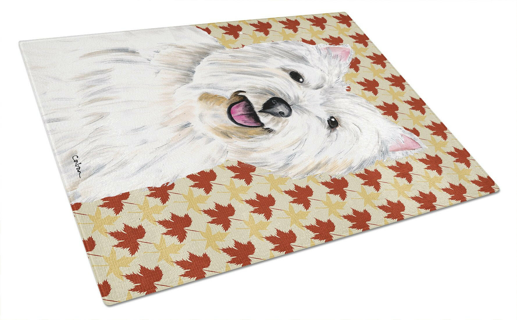 Westie Fall Leaves Portrait Glass Cutting Board Large by Caroline's Treasures