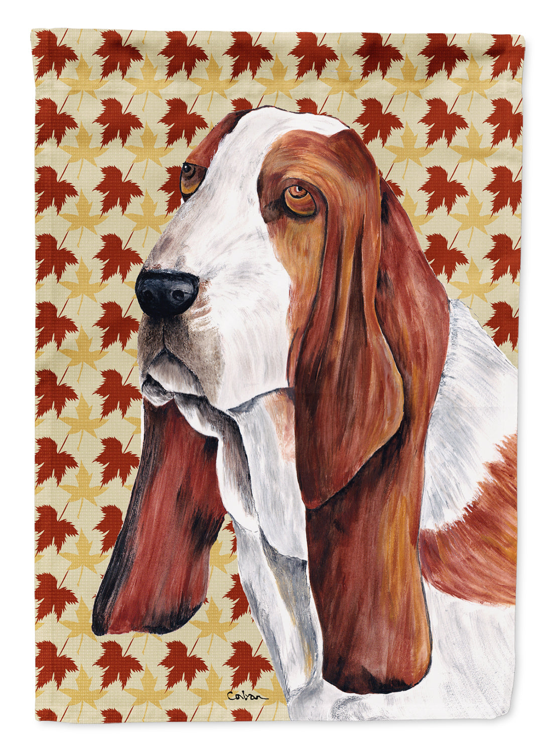 Basset Hound Fall Leaves Portrait Flag Canvas House Size  the-store.com.