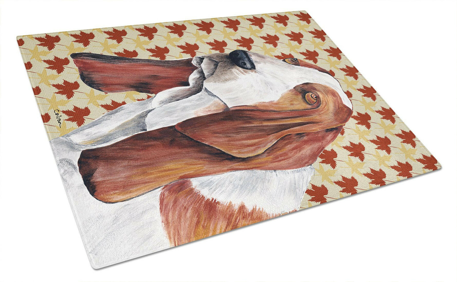 Basset Hound Fall Leaves Portrait Glass Cutting Board Large by Caroline's Treasures