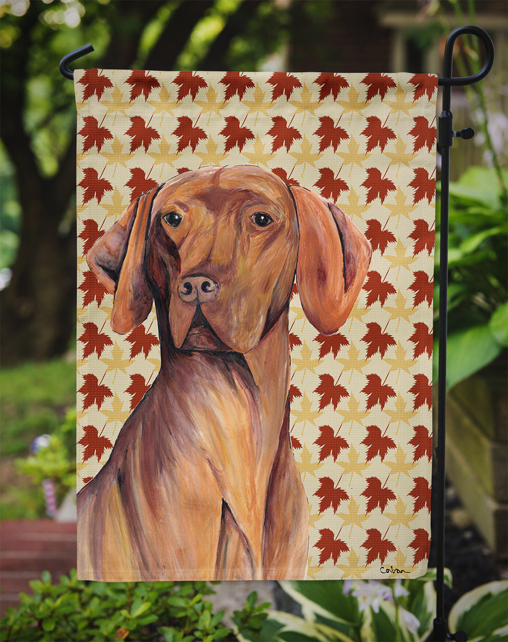 Vizsla Fall Leaves Portrait Flag Garden Size.