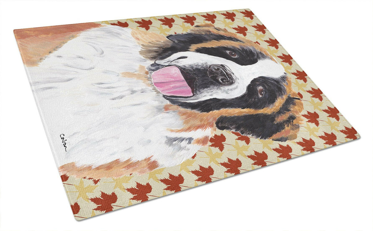 Saint Bernard Fall Leaves Portrait Glass Cutting Board Large by Caroline&#39;s Treasures