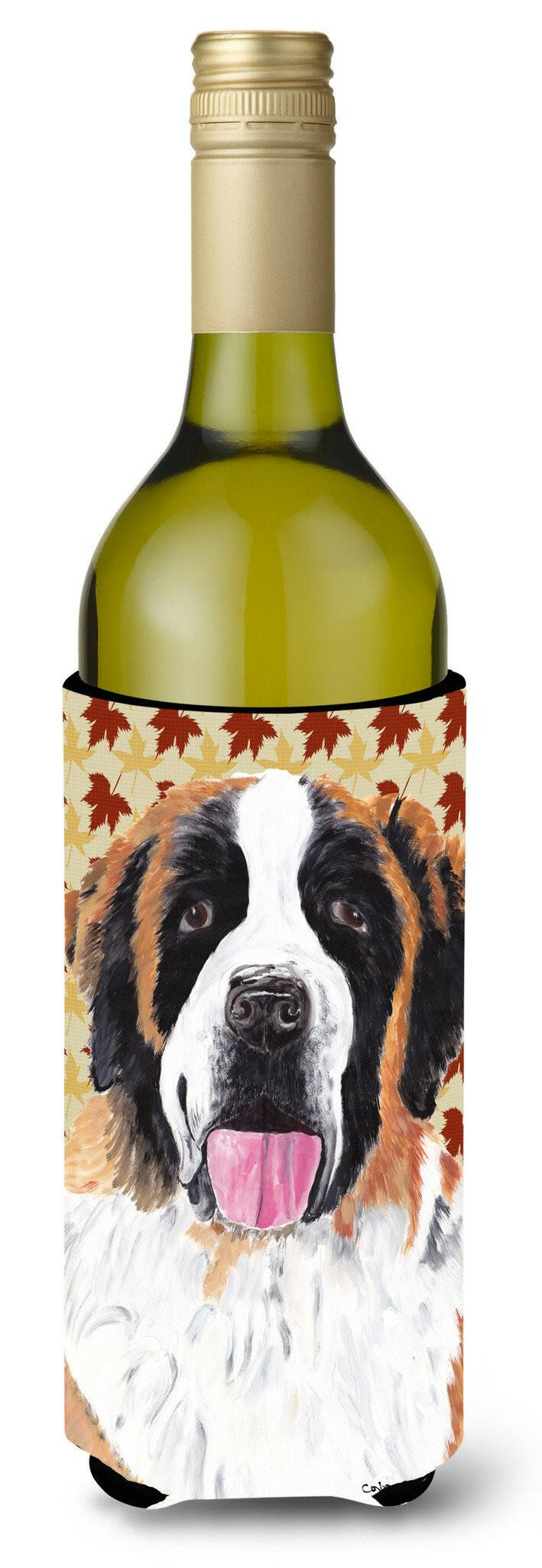 Saint Bernard Fall Leaves Portrait Wine Bottle Beverage Insulator Beverage Insulator Hugger by Caroline's Treasures