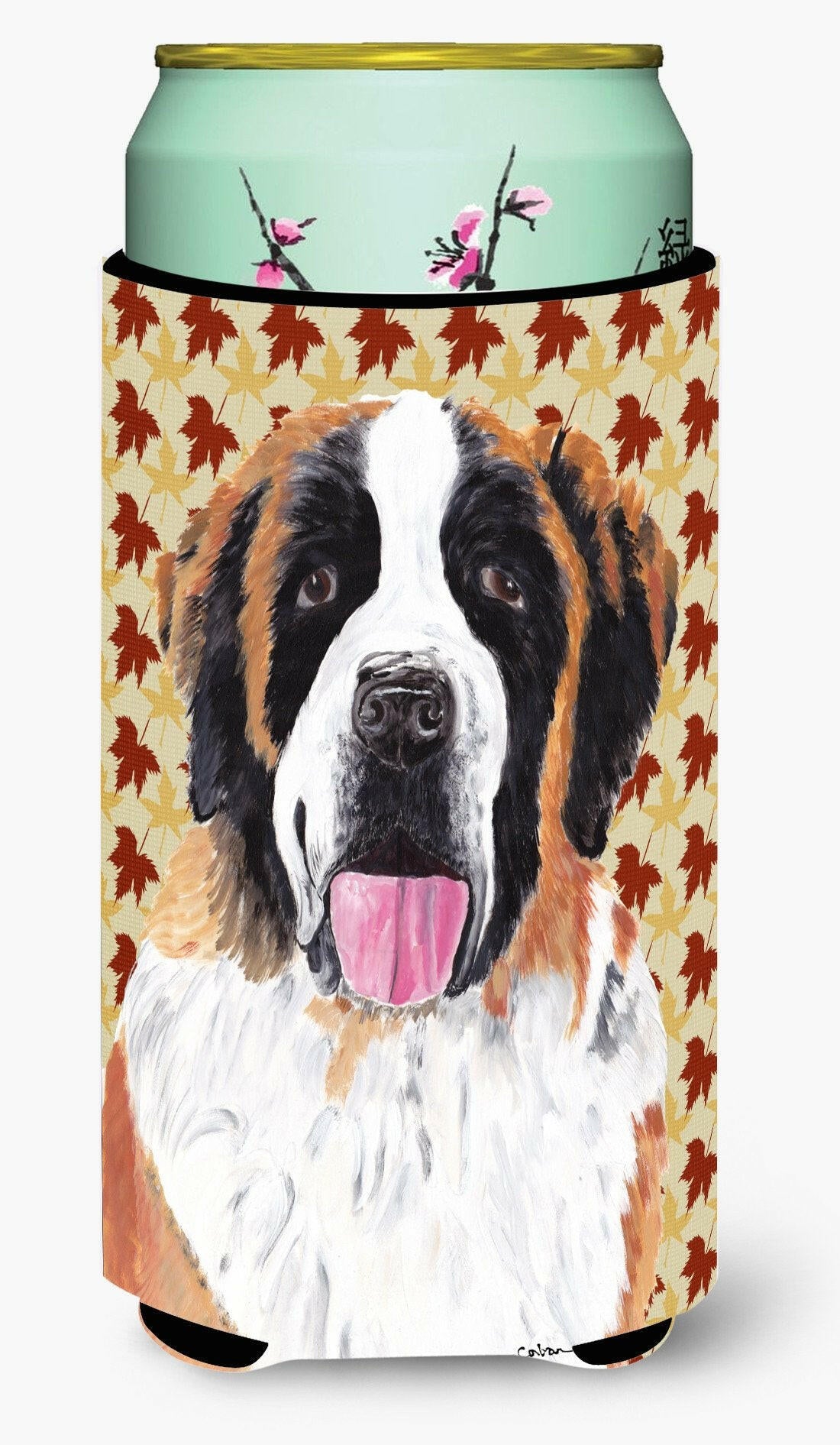 Saint Bernard Fall Leaves Portrait  Tall Boy Beverage Insulator Beverage Insulator Hugger by Caroline&#39;s Treasures