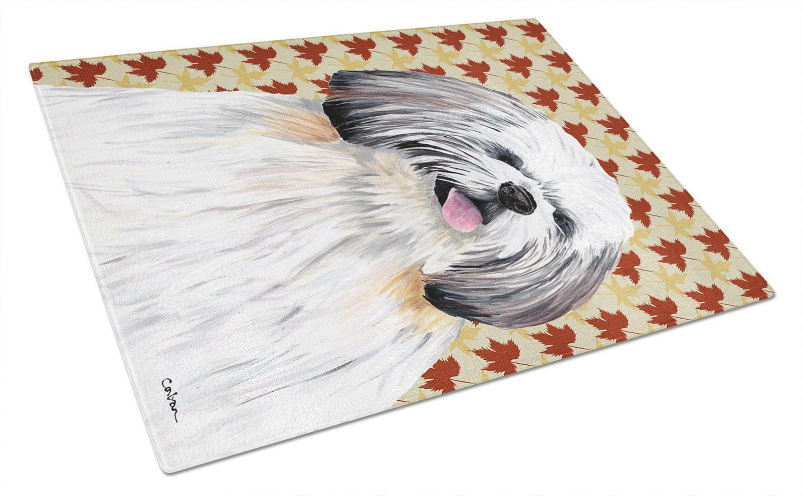 Shih Tzu Fall Leaves Portrait Glass Cutting Board Large by Caroline's Treasures