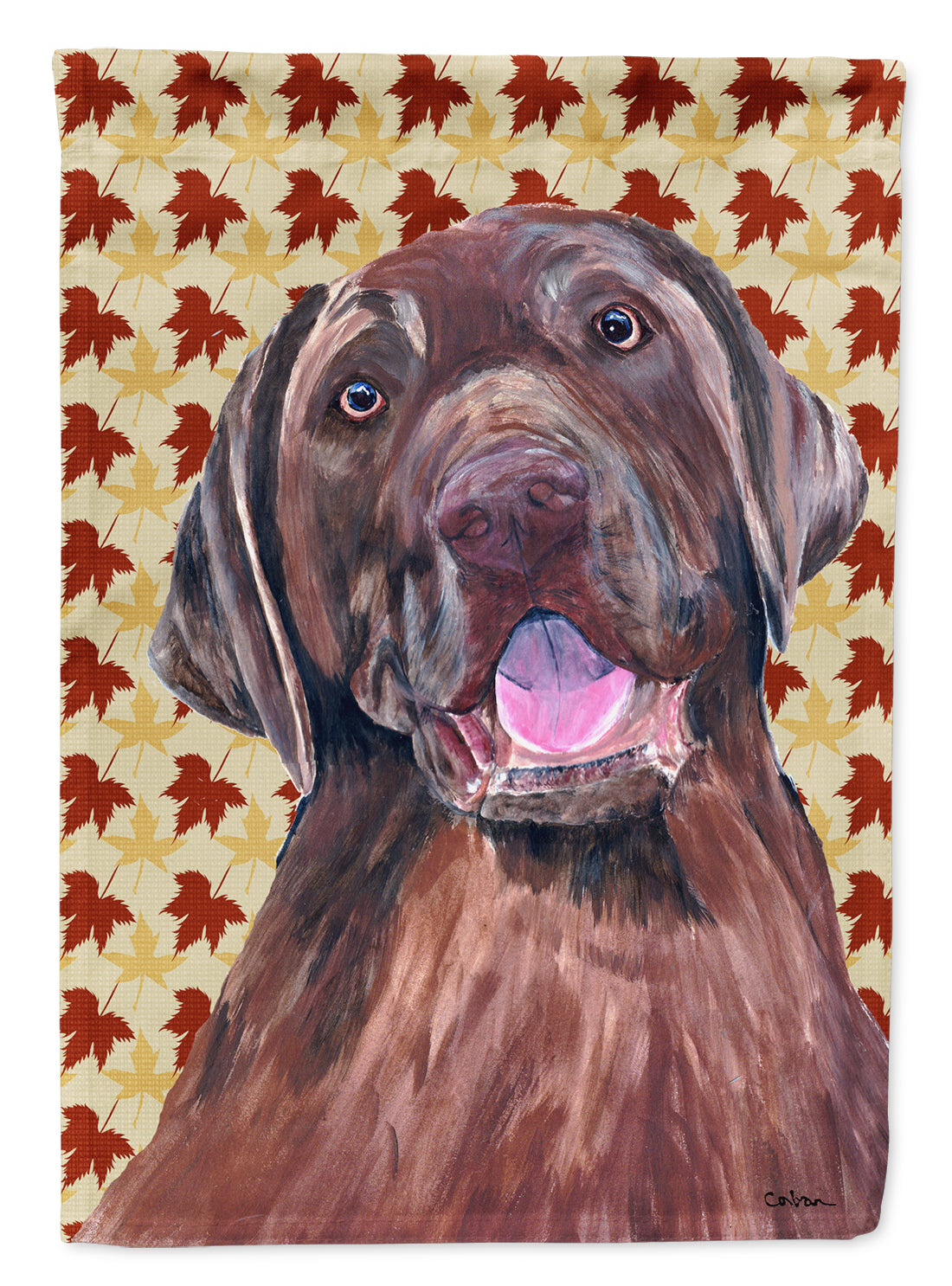 Labrador Chocolate Fall Leaves Portrait Flag Garden Size.