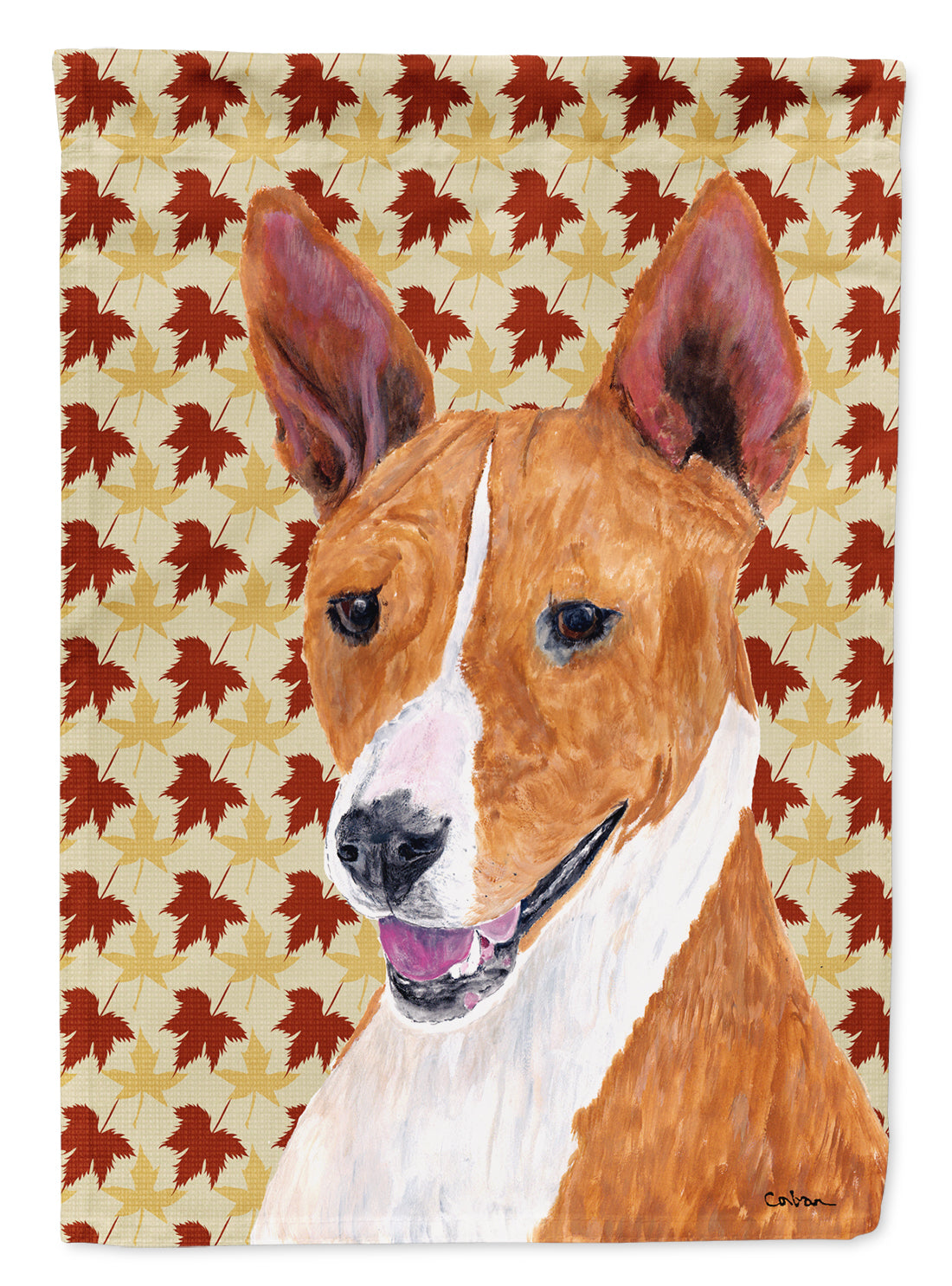 Basenji Fall Leaves Portrait Flag Garden Size.