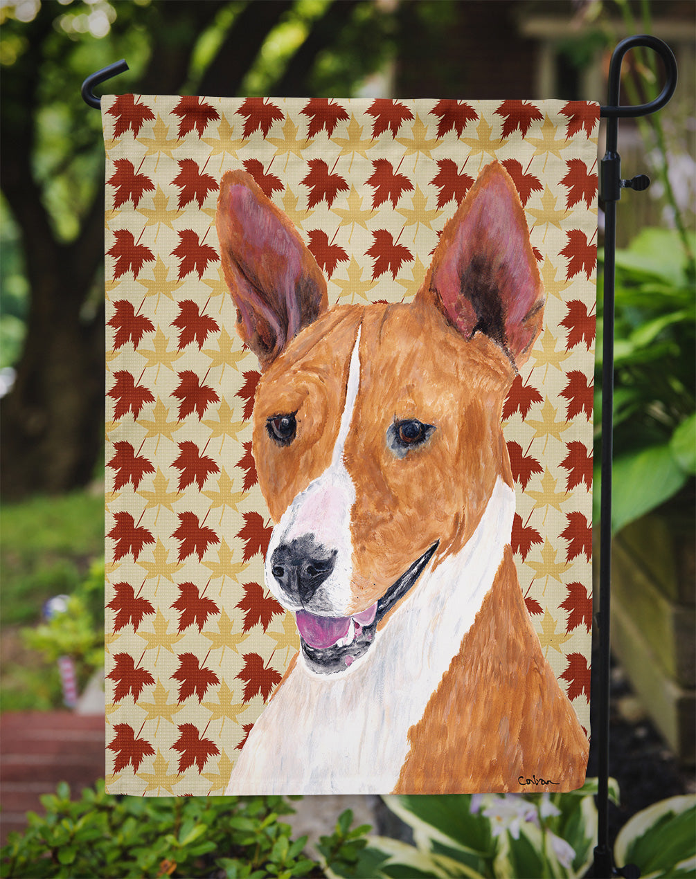 Basenji Fall Leaves Portrait Flag Garden Size.