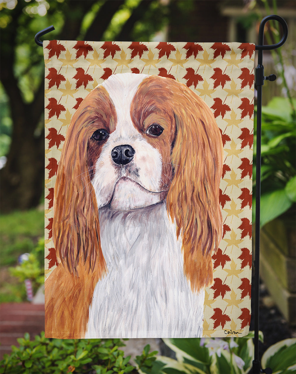 Cavalier Spaniel Fall Leaves Portrait Flag Garden Size.