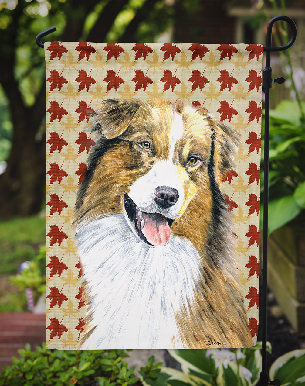 Australian Shepherd Fall Leaves Portrait Flag Garden Size.