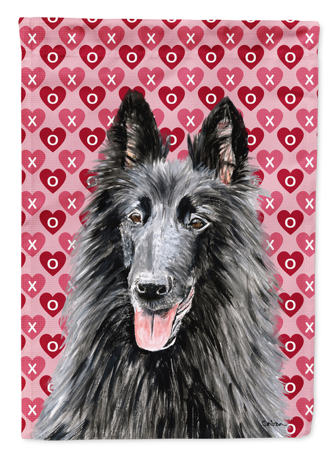 Belgian Sheepdog Hearts Love and Valentine's Day Portrait Flag Garden Size.