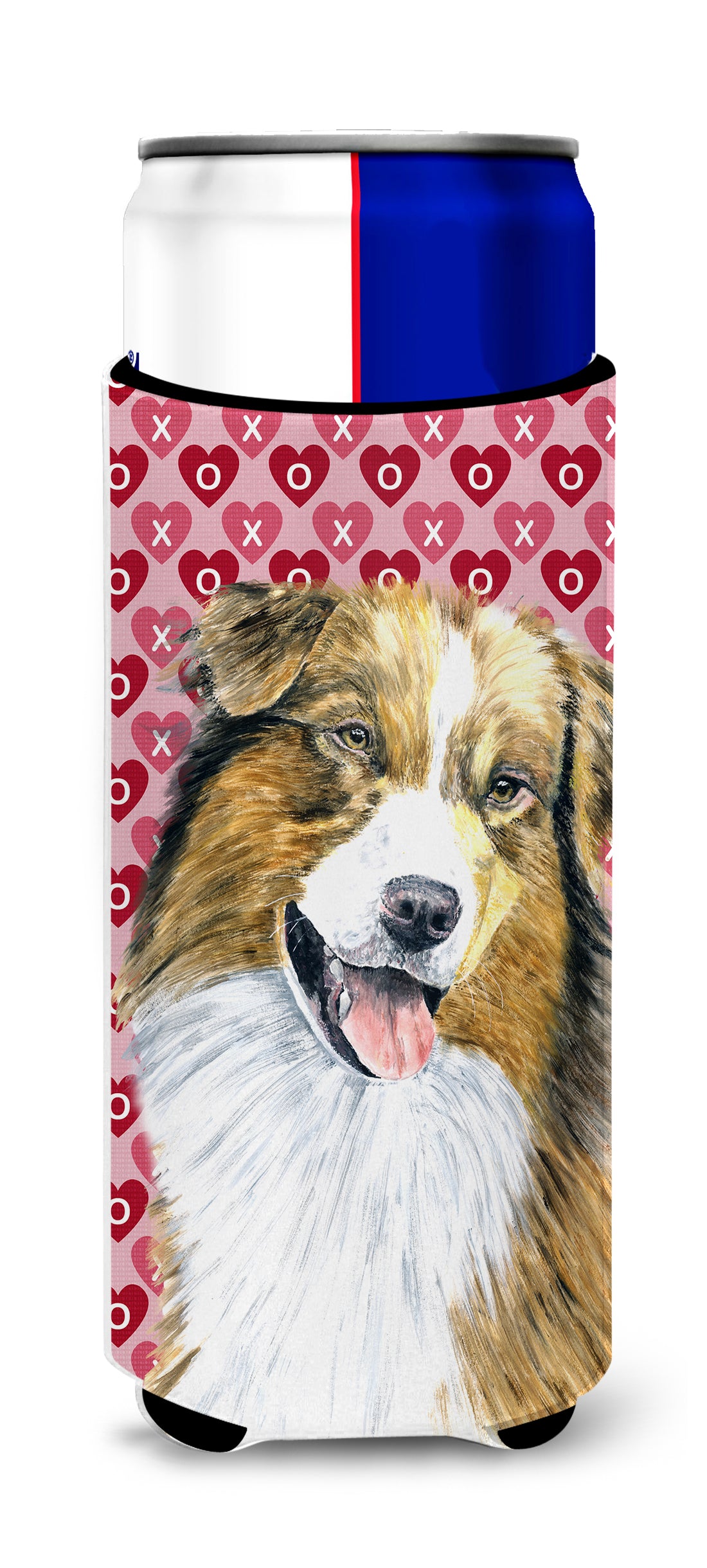 Australian Shepherd Hearts Love Valentine&#39;s Day Ultra Beverage Insulators for slim cans SC9242MUK.