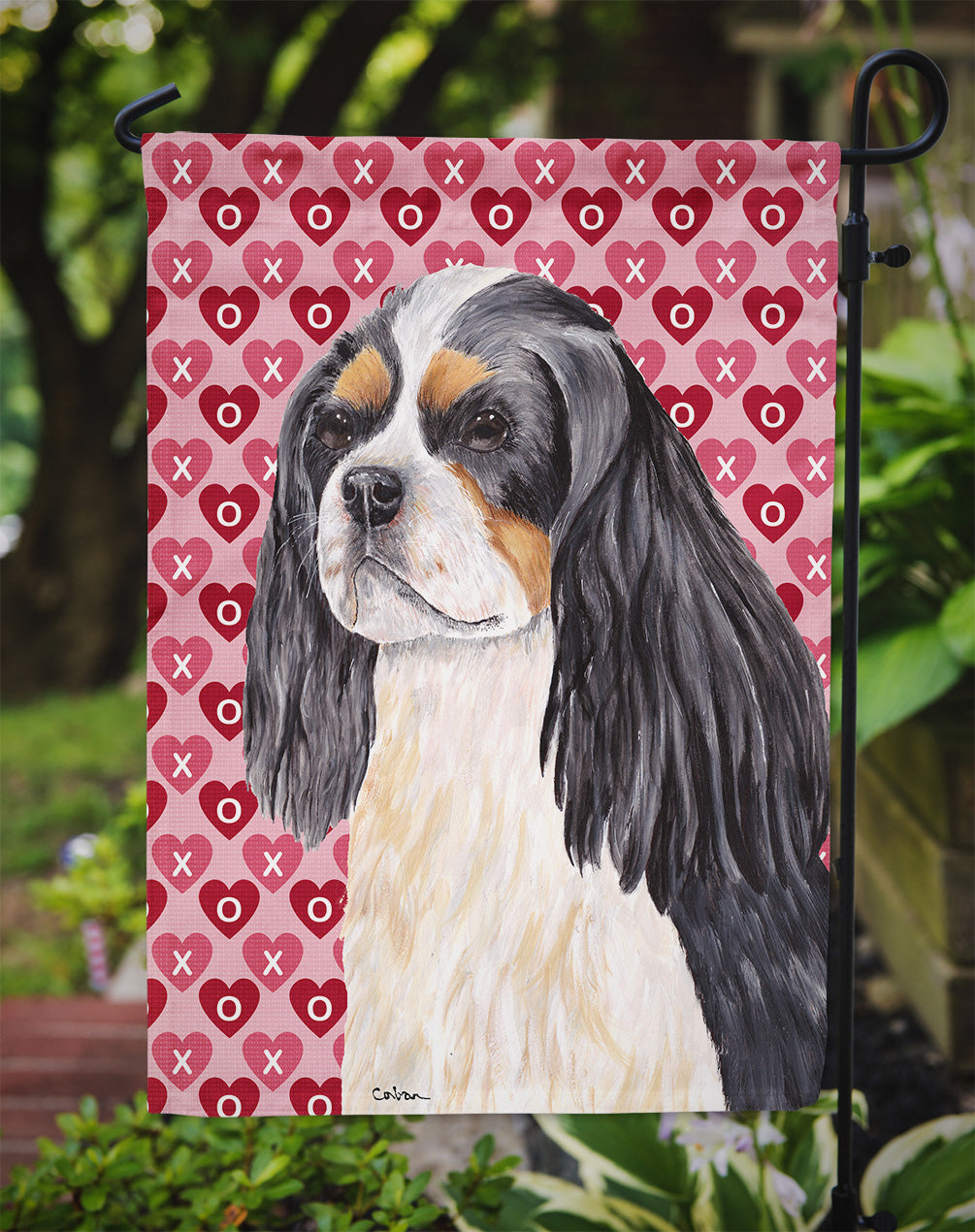 Cavalier Spaniel Hearts Love and Valentine's Day Portrait Flag Garden Size.