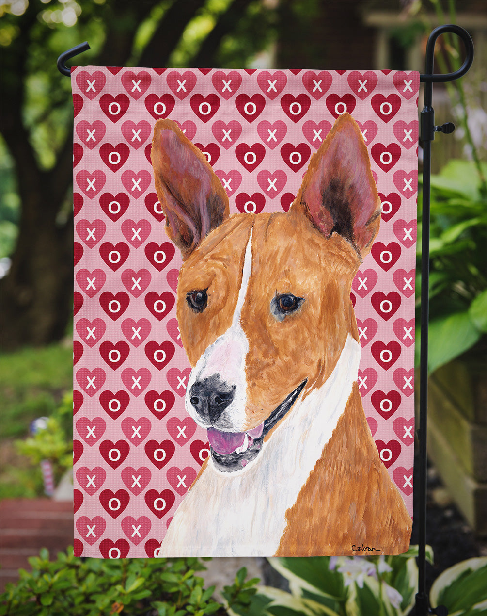 Basenji Hearts Love and Valentine's Day Portrait Flag Garden Size.