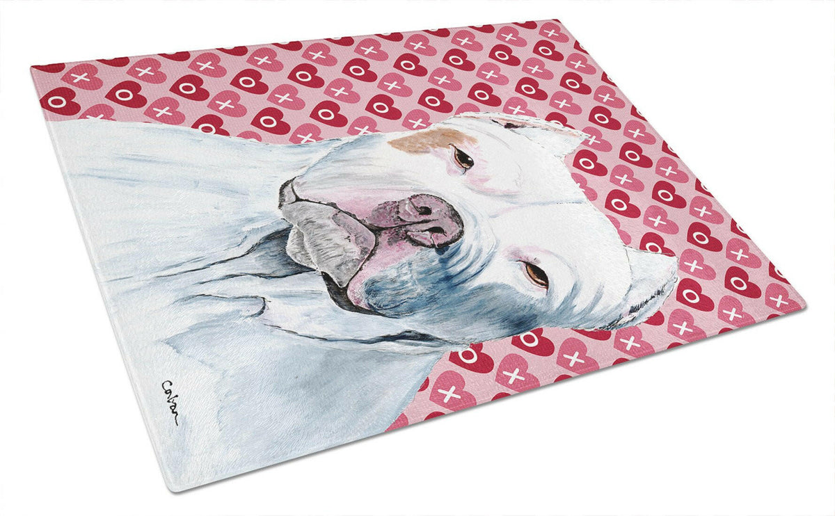 Pit Bull Hearts Love and Valentine&#39;s Day Portrait Glass Cutting Board Large by Caroline&#39;s Treasures