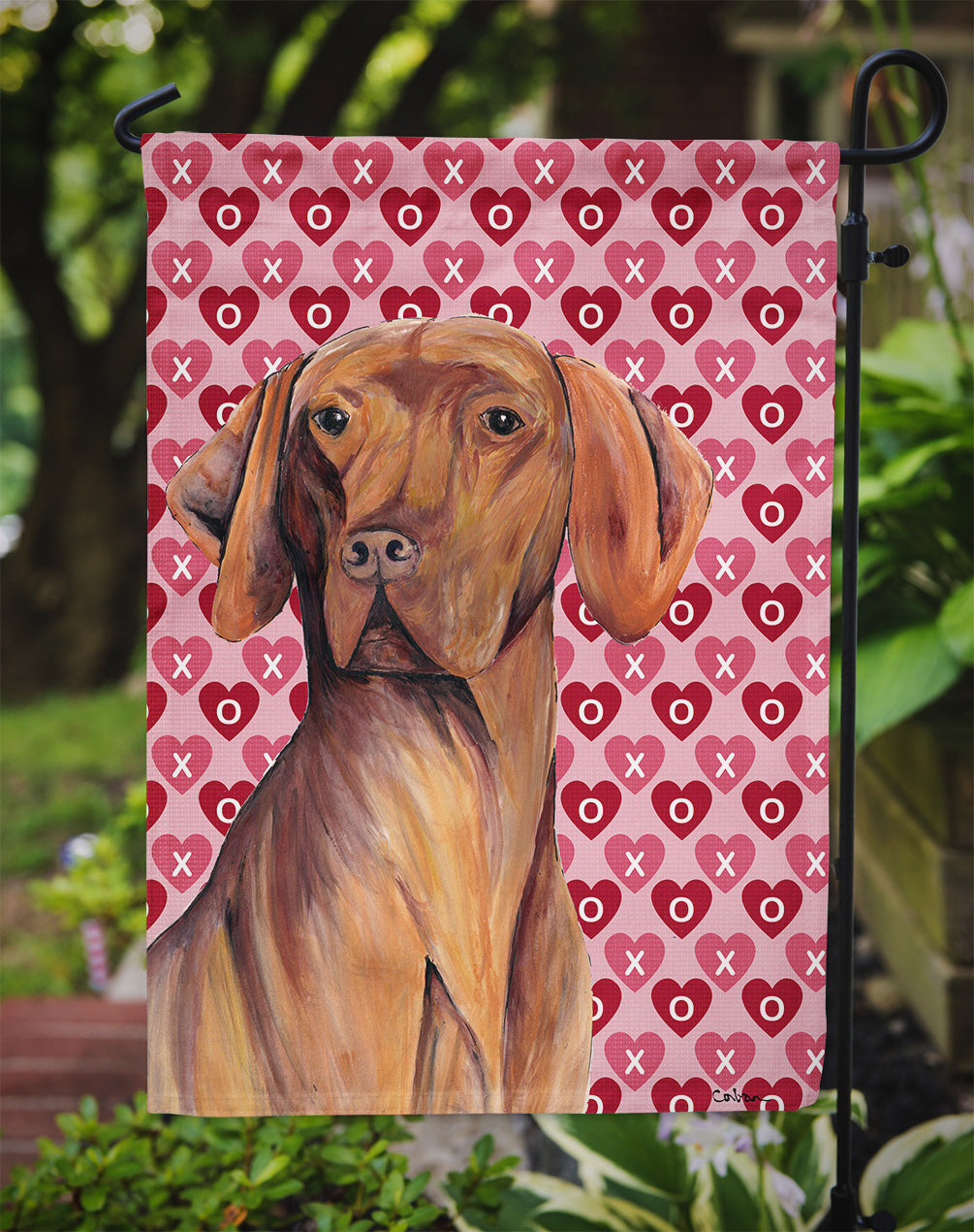 Vizsla Hearts Love and Valentine's Day Portrait Flag Garden Size.