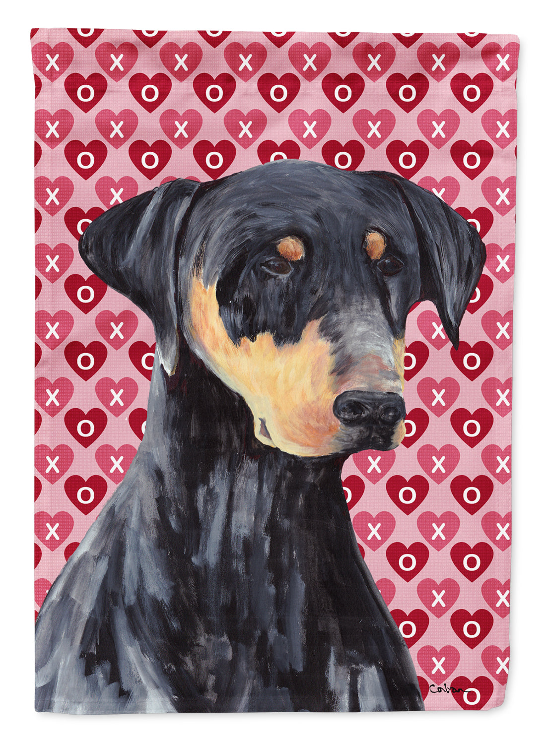 Doberman Hearts Love and Valentine's Day Portrait Flag Garden Size.