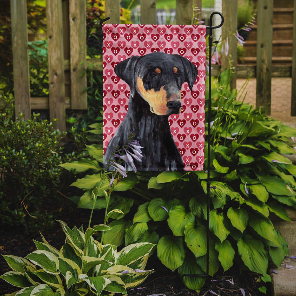 Doberman Hearts Love and Valentine's Day Portrait Flag Garden Size.