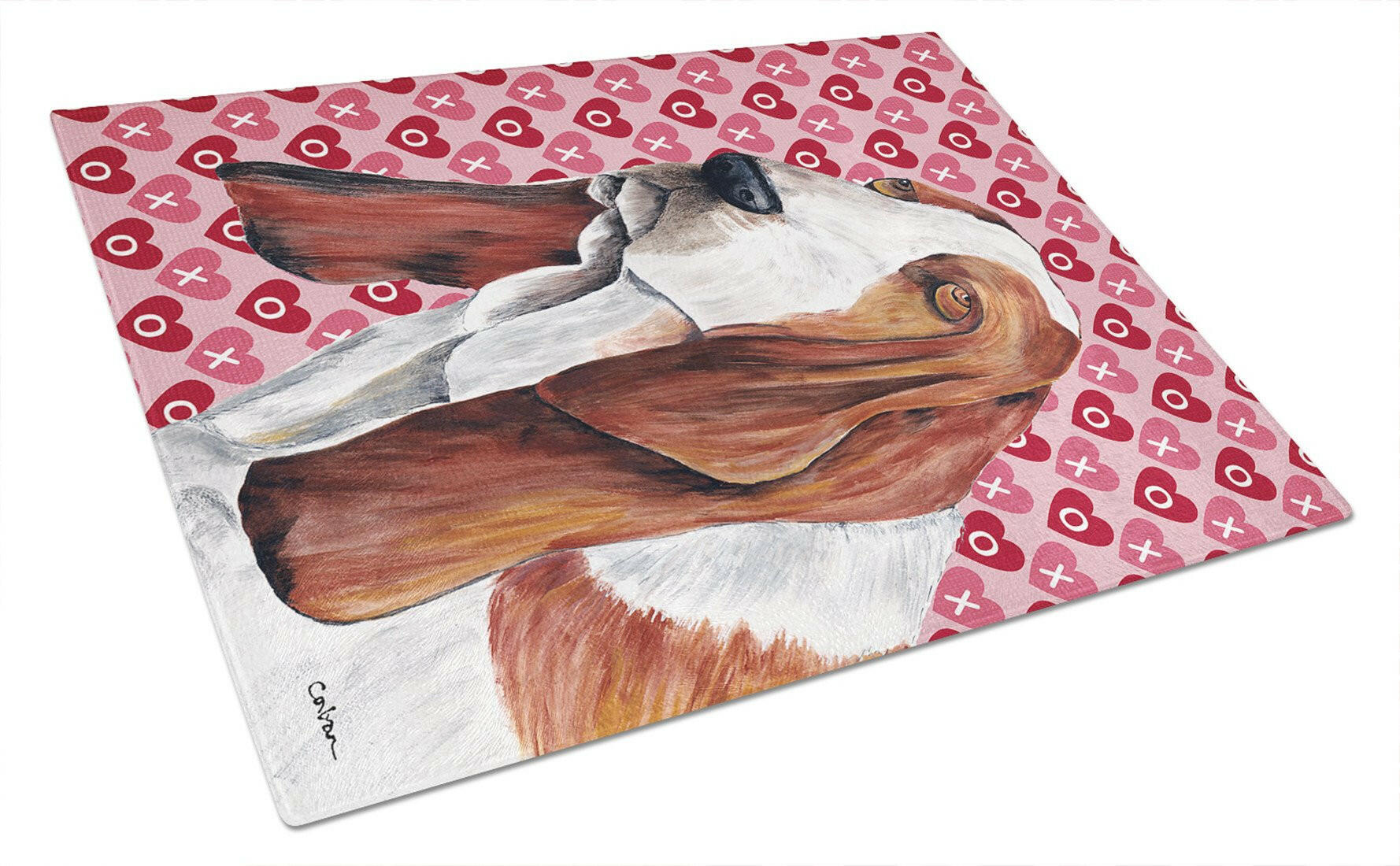 Basset Hound Hearts Love and Valentine's Day Portrait Glass Cutting Board Large by Caroline's Treasures