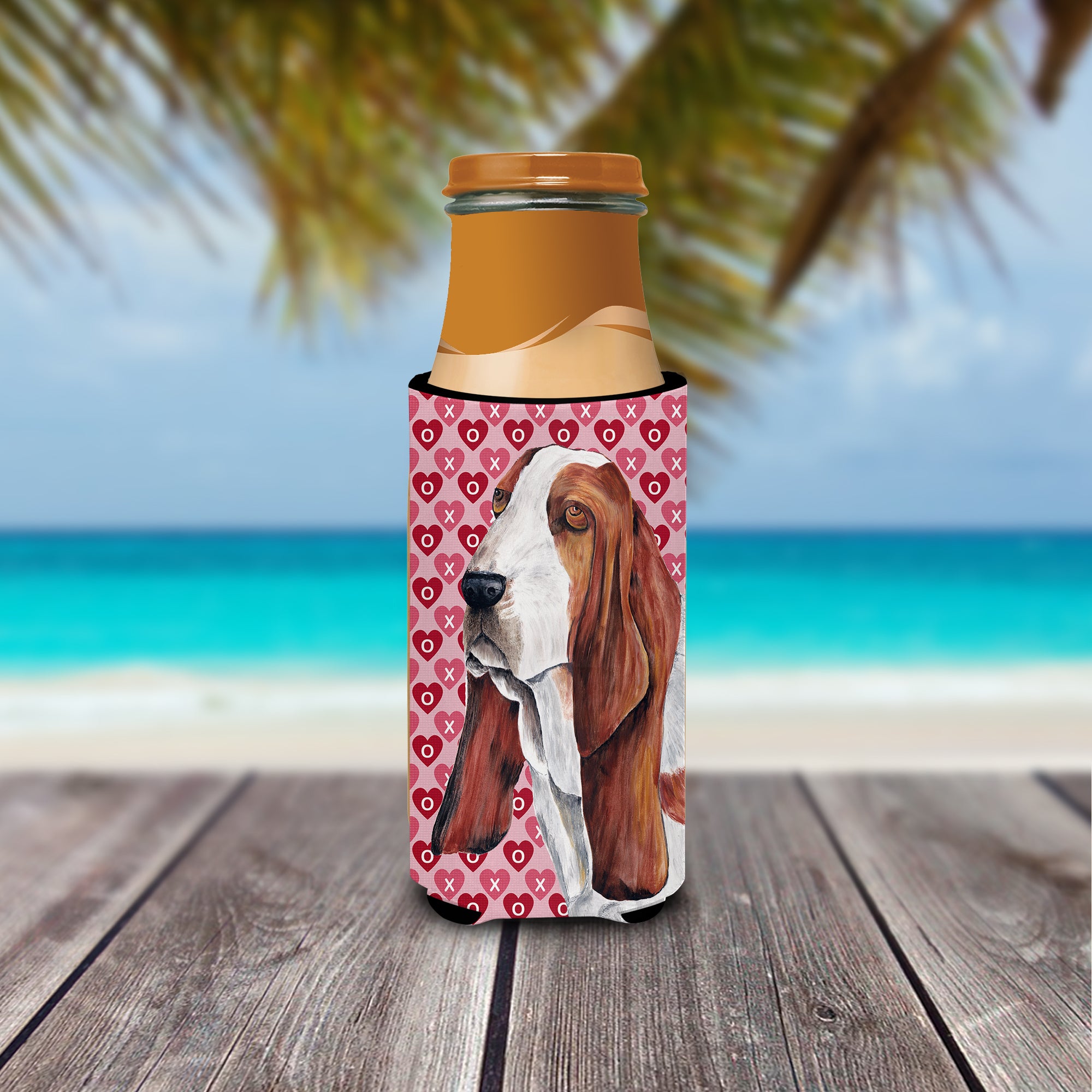 Basset Hound Hearts Love and Valentine's Day Portrait Ultra Beverage Insulators for slim cans SC9267MUK.