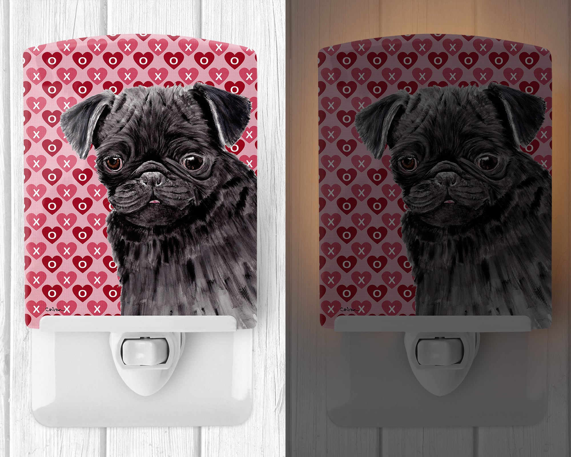 Pug Black Hearts Love and Valentine's Day Portrait Ceramic Night Light SC9273CNL - the-store.com