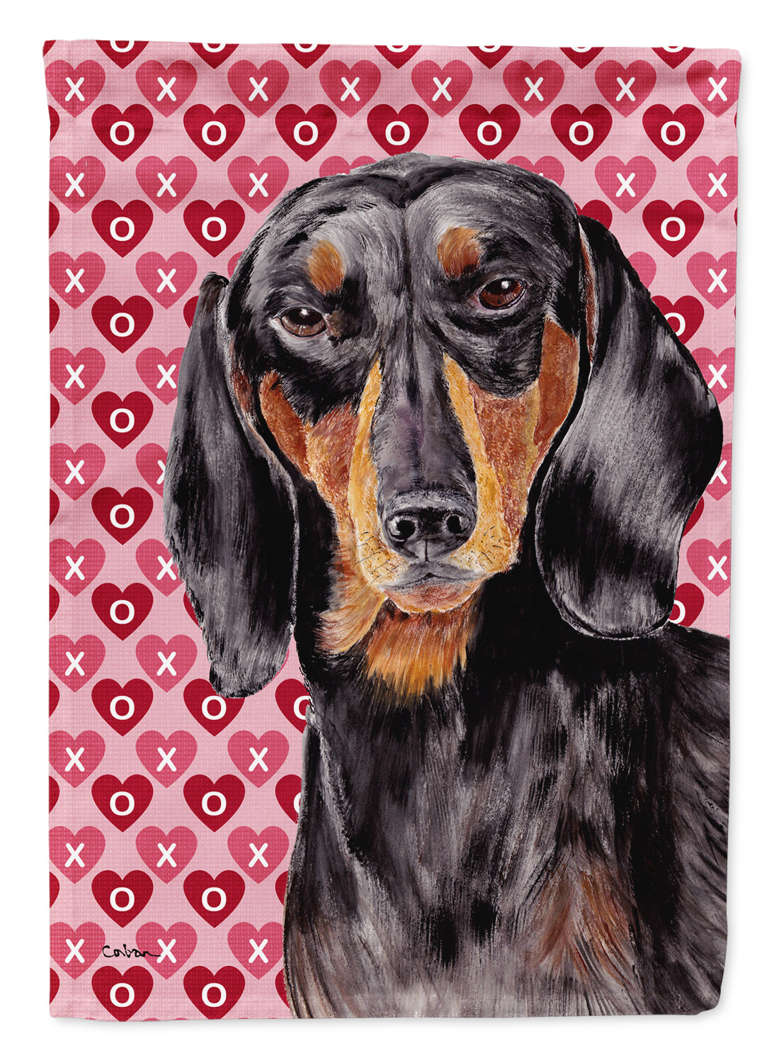 Dachshund Black Tan Hearts Love Valentine's Day Flag Canvas House Size  the-store.com.