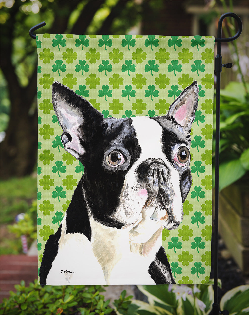 Boston Terrier St. Patrick's Day Shamrock Portrait Flag Garden Size.