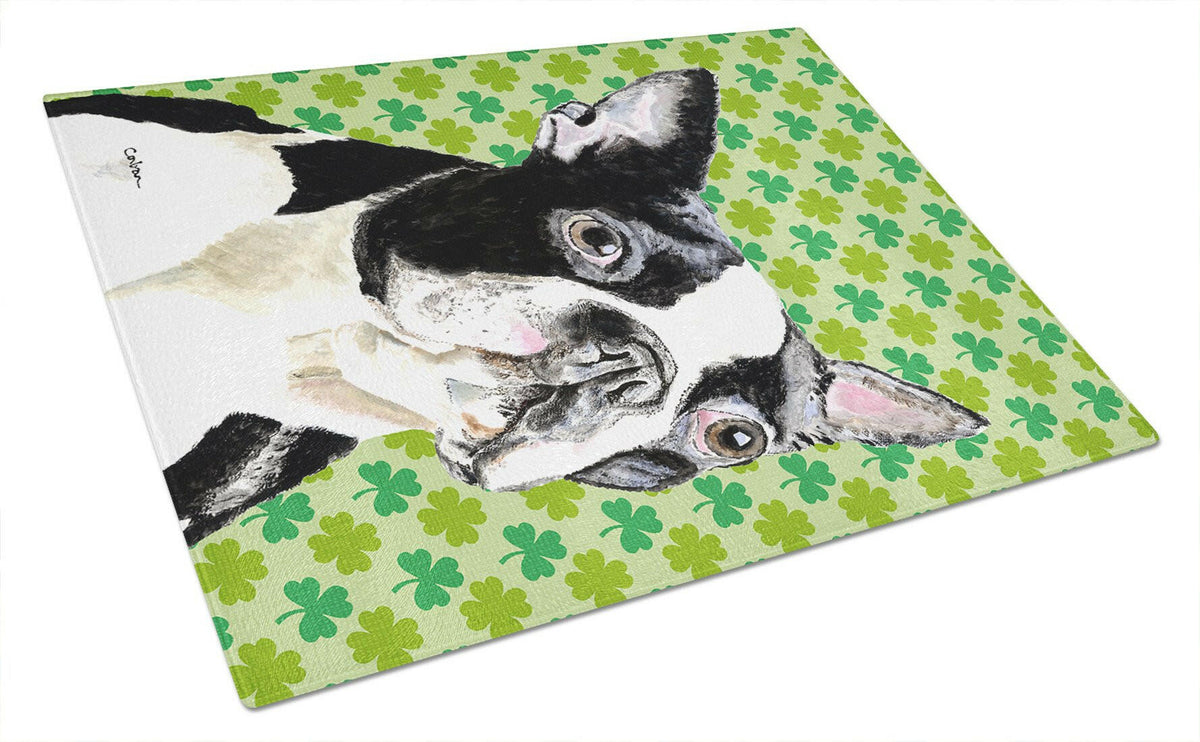 Boston Terrier St. Patrick&#39;s Day Shamrock Portrait Glass Cutting Board Large by Caroline&#39;s Treasures