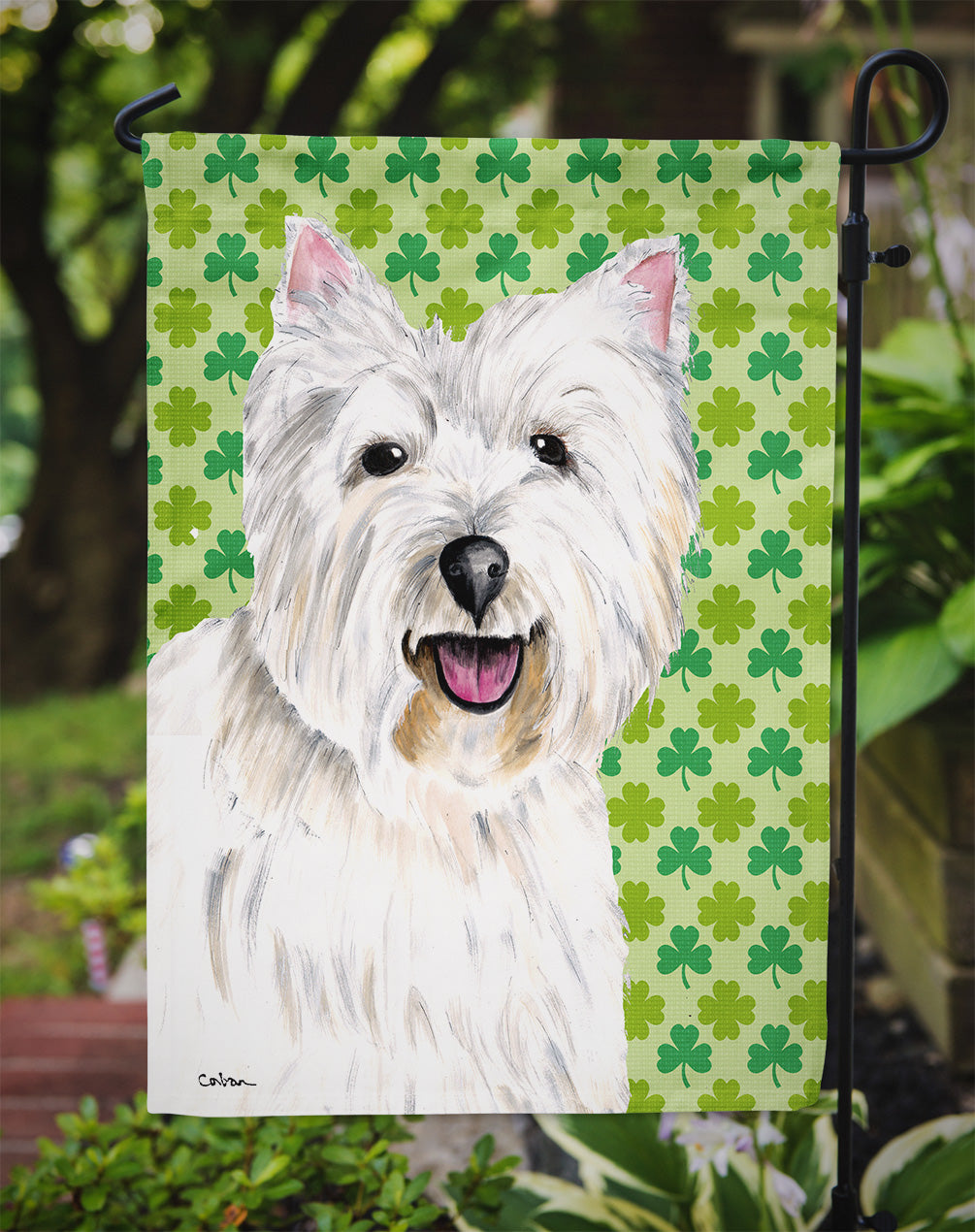 Westie St. Patrick's Day Shamrock Portrait Flag Garden Size.