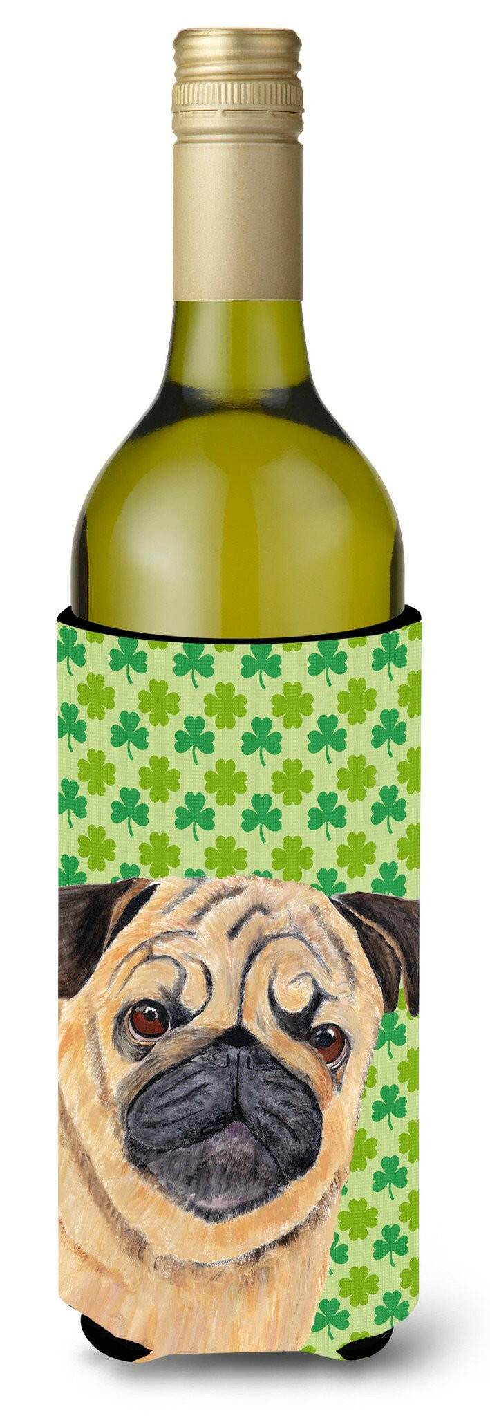 Pug St. Patrick&#39;s Day Shamrock Portrait Wine Bottle Beverage Insulator Beverage Insulator Hugger SC9291LITERK by Caroline&#39;s Treasures