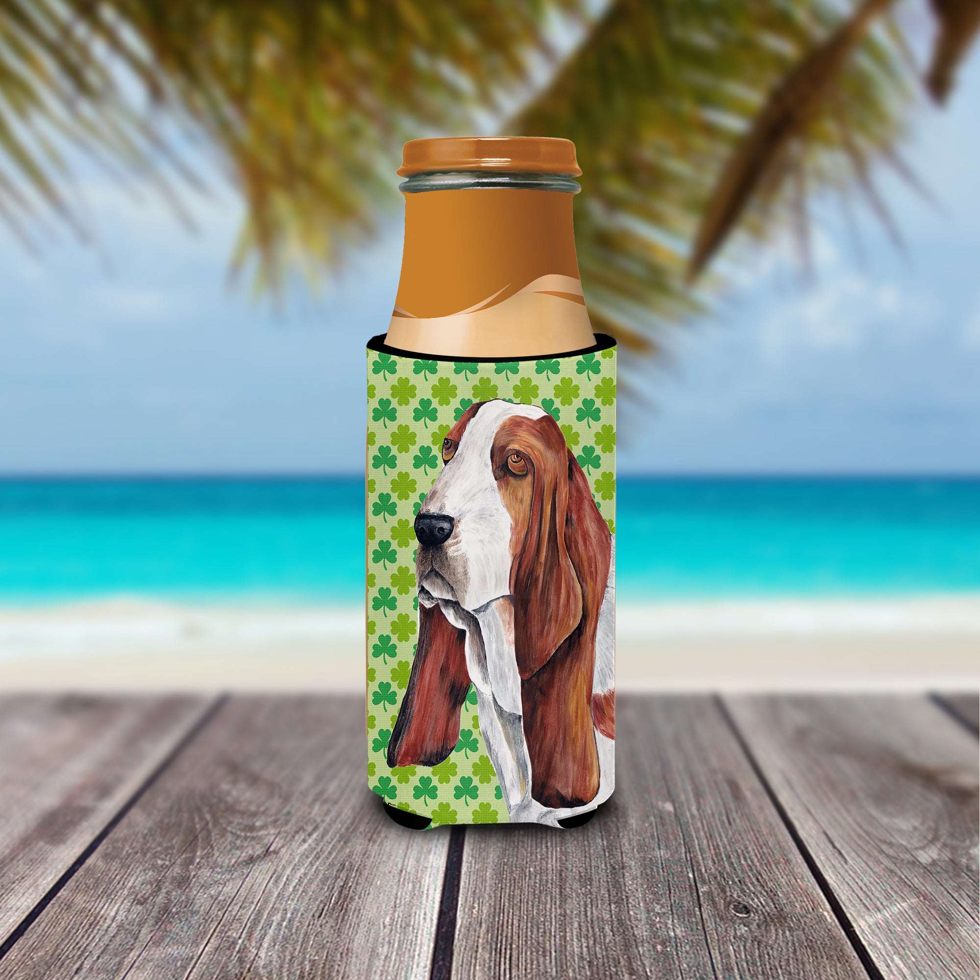 Basset Hound St. Patrick's Day Shamrock Portrait Ultra Beverage Insulators for slim cans SC9292MUK.