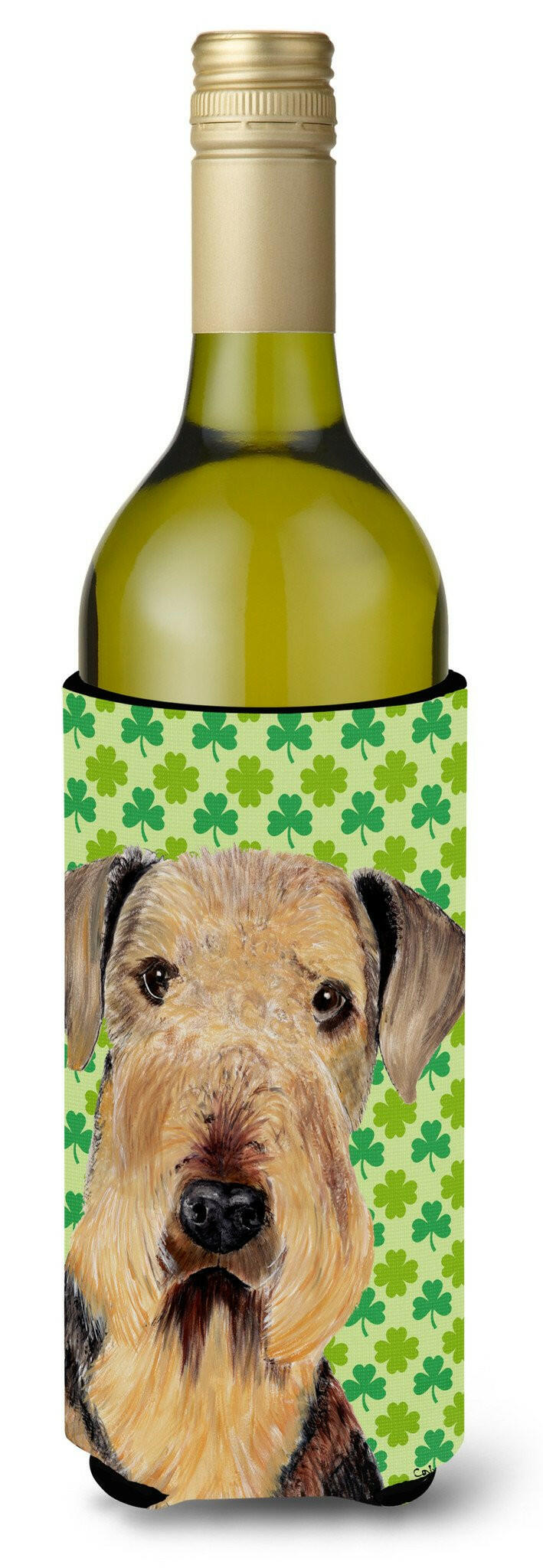 Airedale St. Patrick's Day Shamrock Portrait Wine Bottle Beverage Insulator Beverage Insulator Hugger by Caroline's Treasures