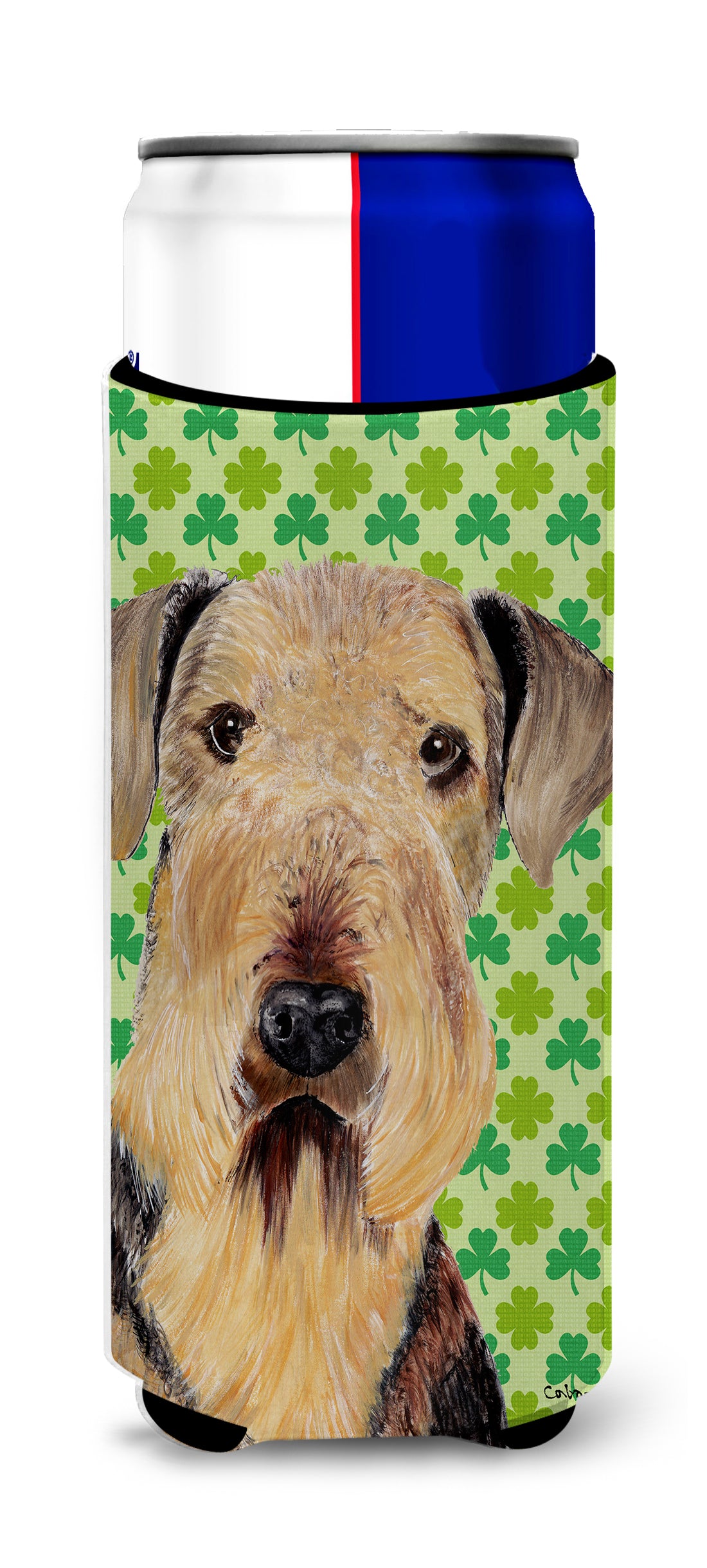 Airedale St. Patrick's Day Shamrock Portrait Ultra Beverage Insulators for slim cans SC9293MUK.