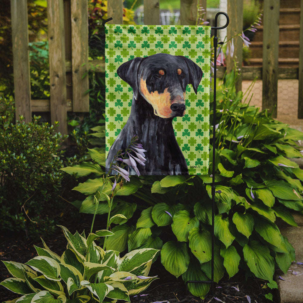 Doberman St. Patrick's Day Shamrock Portrait Flag Garden Size.