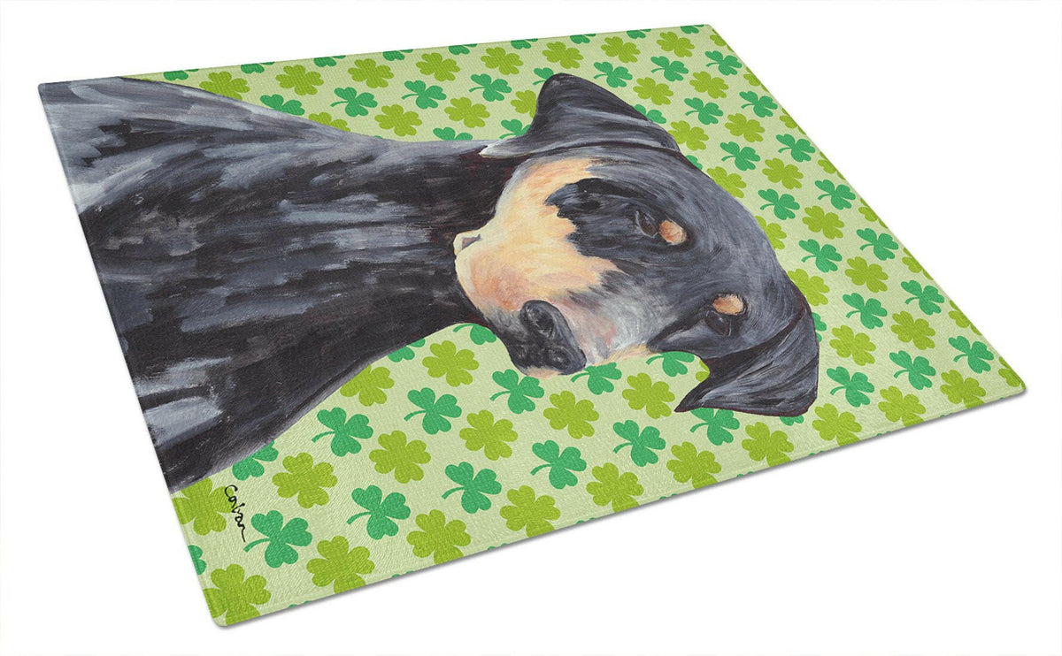 Doberman St. Patrick&#39;s Day Shamrock Portrait Glass Cutting Board Large by Caroline&#39;s Treasures