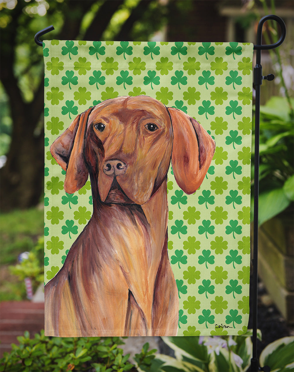 Vizsla St. Patrick's Day Shamrock Portrait Flag Garden Size.