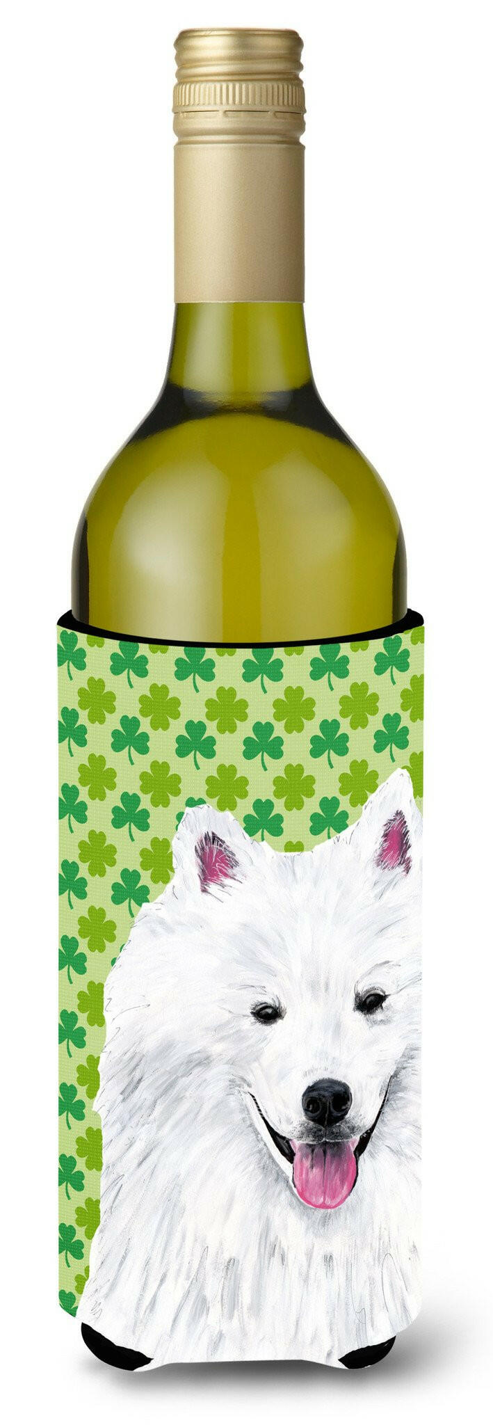 American Eskimo St. Patrick&#39;s Day Shamrock Portrait Wine Bottle Beverage Insulator Beverage Insulator Hugger by Caroline&#39;s Treasures