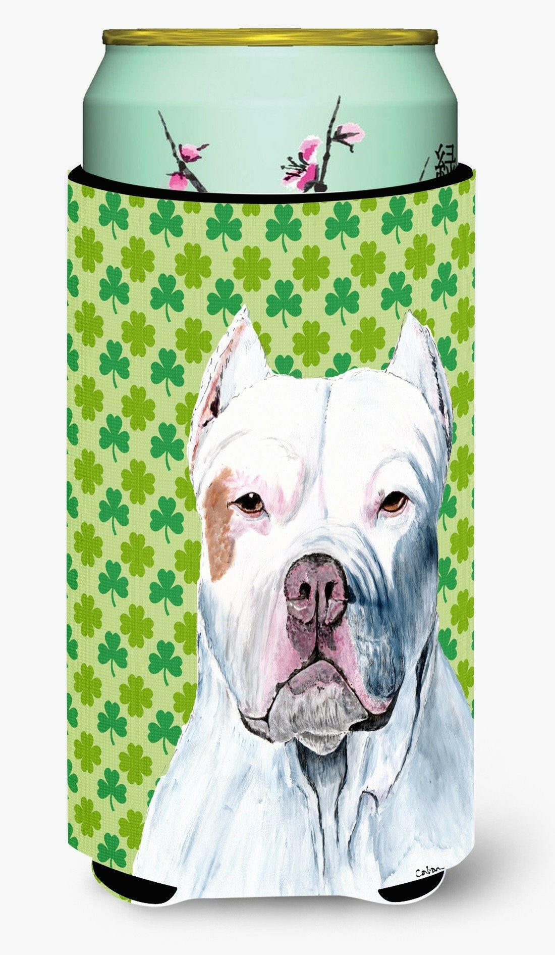 Pit Bull St. Patrick's Day Shamrock Portrait  Tall Boy Beverage Insulator Beverage Insulator Hugger by Caroline's Treasures