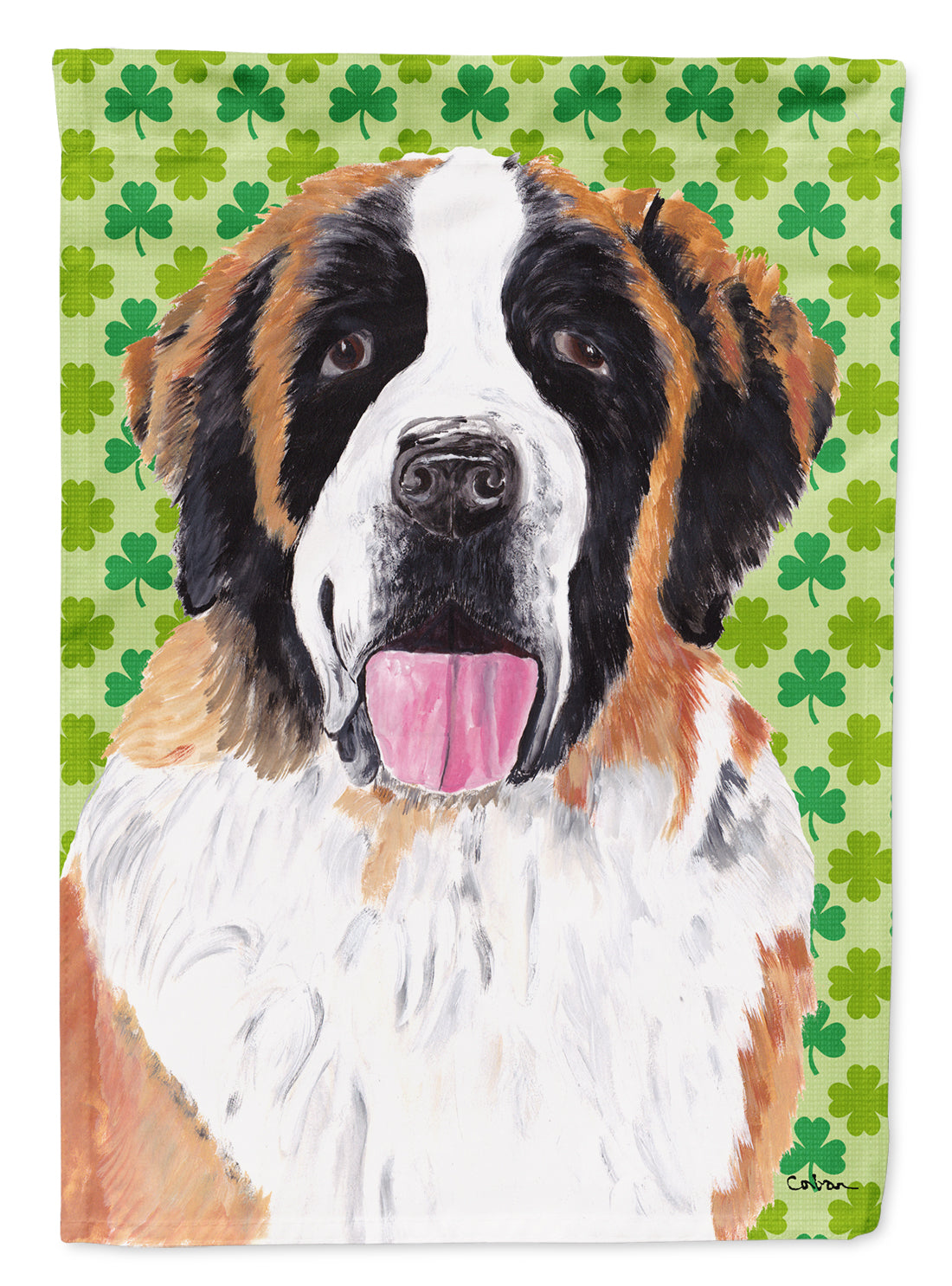 Saint Bernard St. Patrick's Day Shamrock Portrait Flag Garden Size.