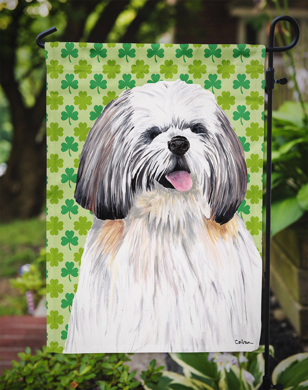 Shih Tzu St. Patrick's Day Shamrock Portrait Flag Garden Size.