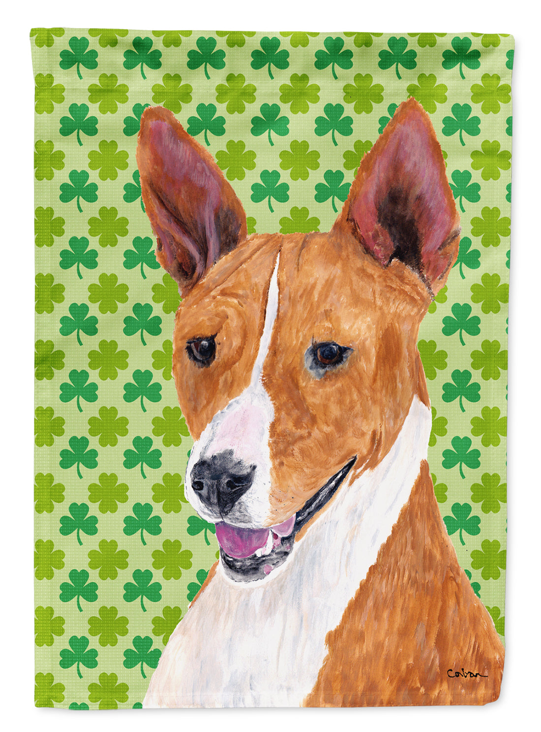 Basenji St. Patrick&#39;s Day Shamrock Portrait Flag Garden Size.