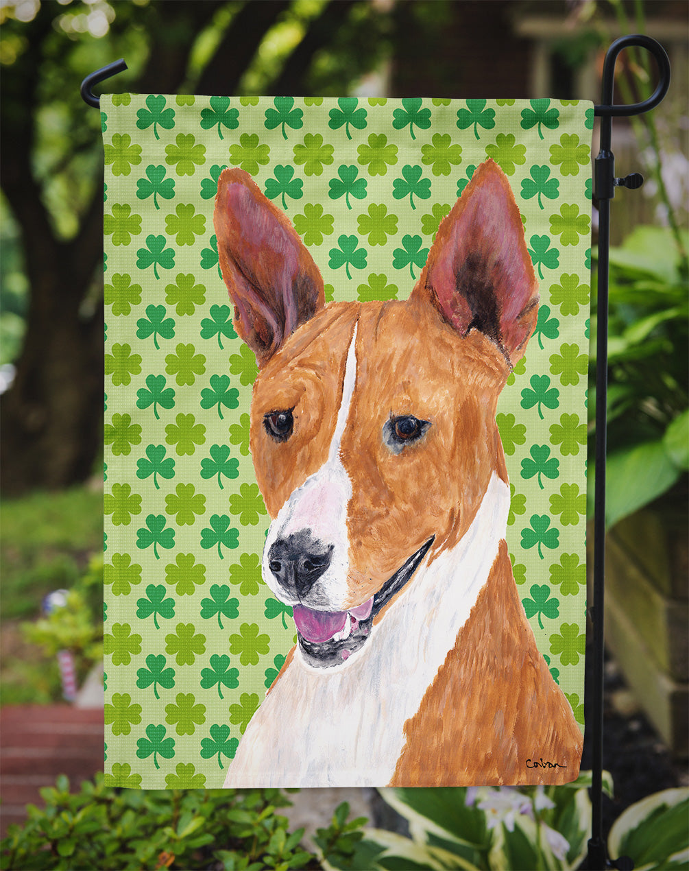 Basenji St. Patrick's Day Shamrock Portrait Flag Garden Size.