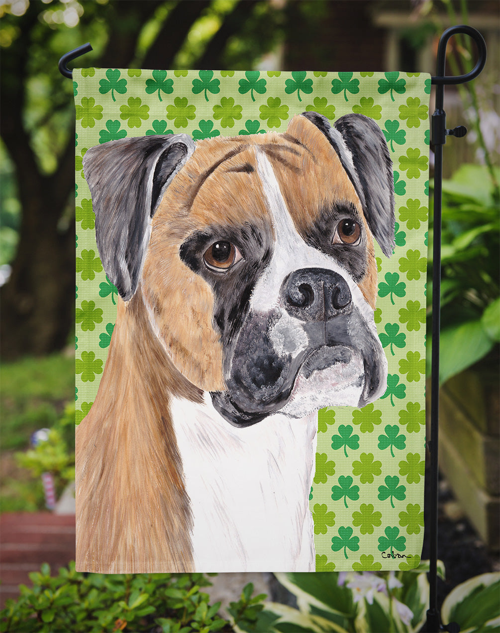 Boxer St. Patrick's Day Shamrock Portrait Flag Garden Size.