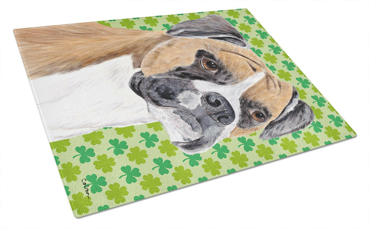 Boxer St. Patrick&#39;s Day Shamrock Portrait Glass Cutting Board Large by Caroline&#39;s Treasures