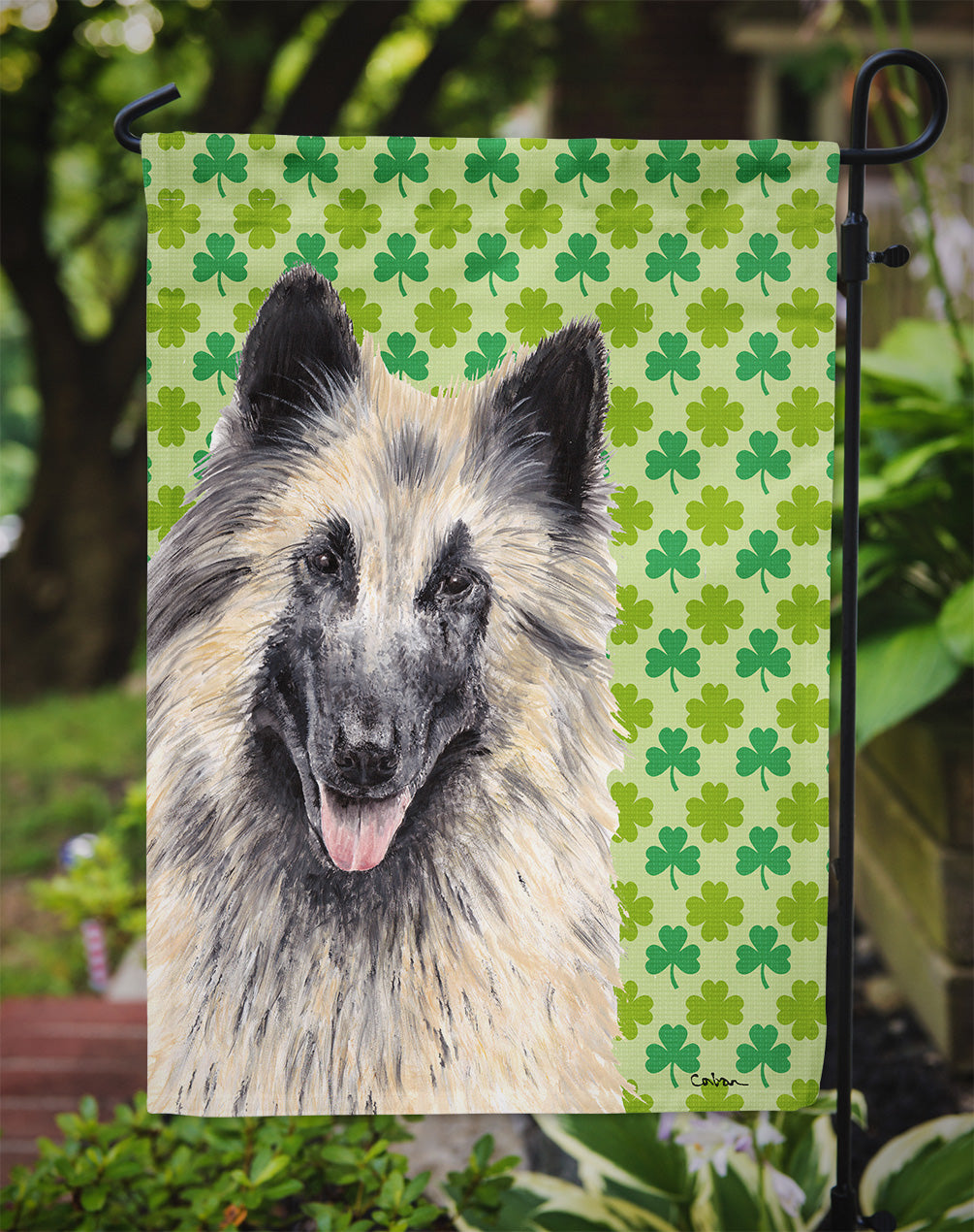 Belgian Tervuren St. Patrick's Day Shamrock Portrait Flag Garden Size.