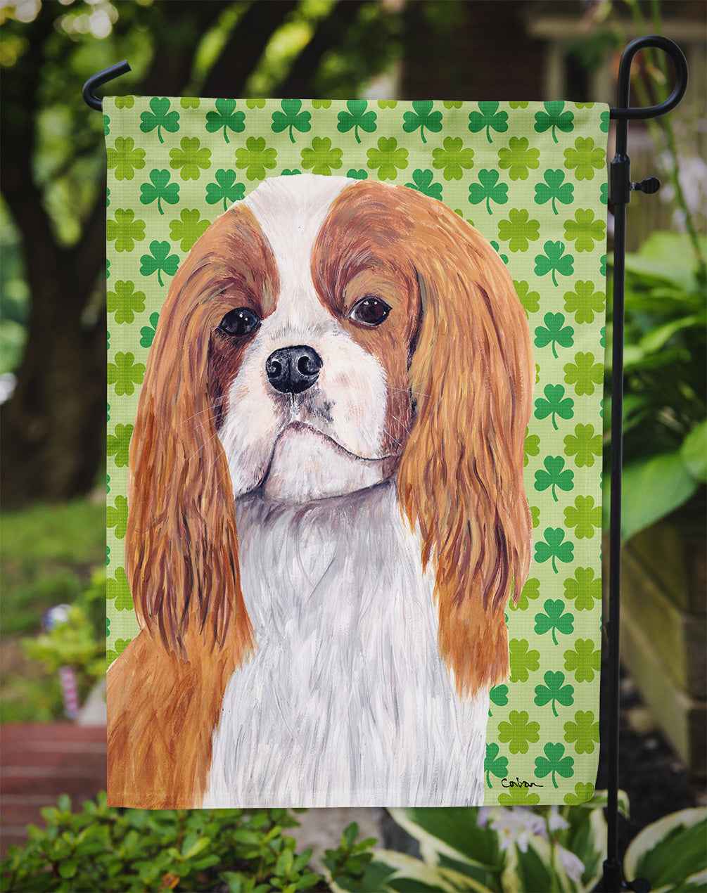 Cavalier Spaniel St. Patrick's Day Shamrock Portrait Flag Garden Size.