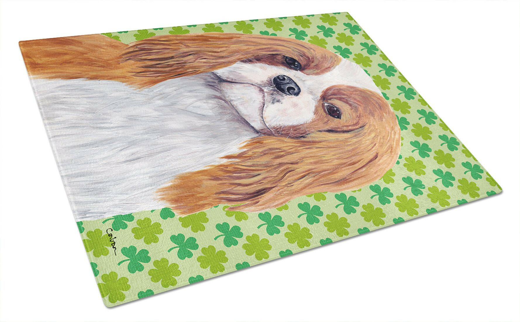 Cavalier Spaniel St. Patrick's Day Shamrock Portrait Glass Cutting Board Large by Caroline's Treasures