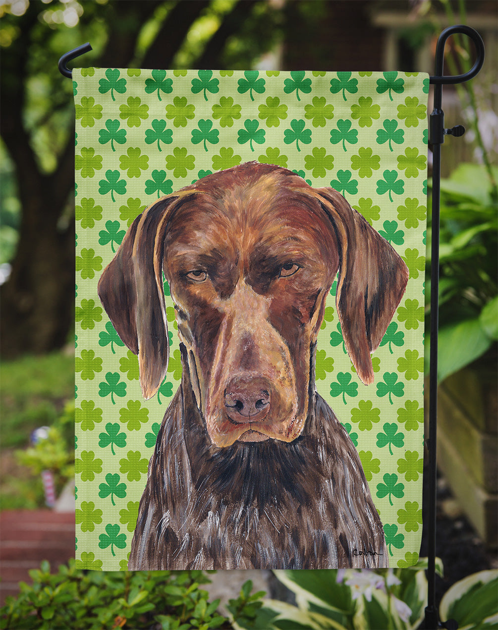 German Shorthaired Pointer St. Patrick's Day Shamrock Portrait Flag Garden Size.