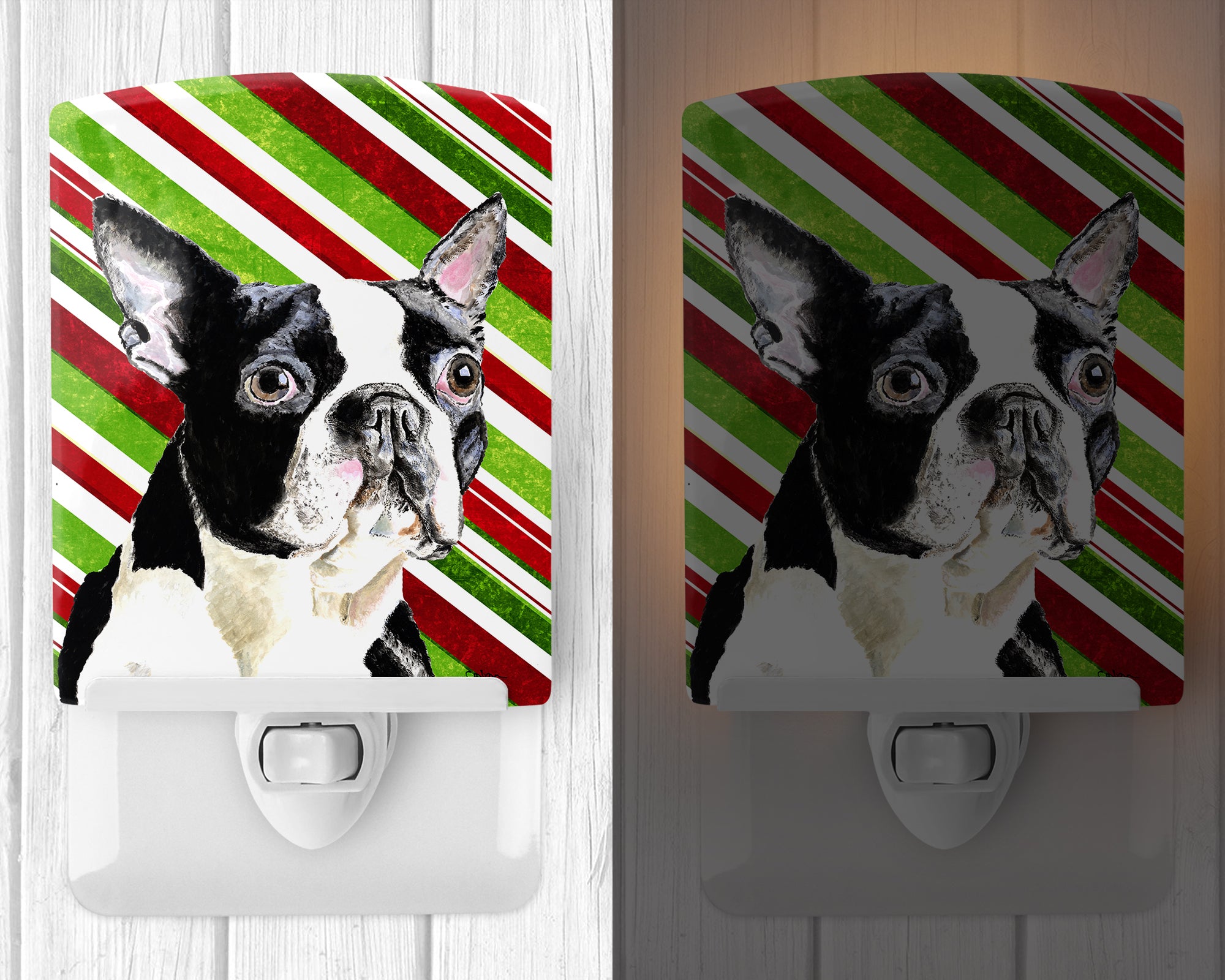 Boston Terrier Candy Cane Holiday Christmas Ceramic Night Light SC9320CNL - the-store.com