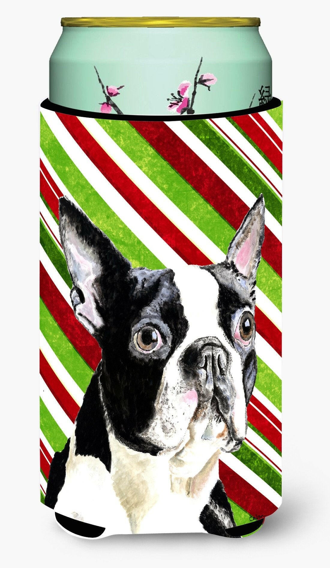 Boston Terrier Candy Cane Holiday Christmas  Tall Boy Beverage Insulator Beverage Insulator Hugger by Caroline's Treasures